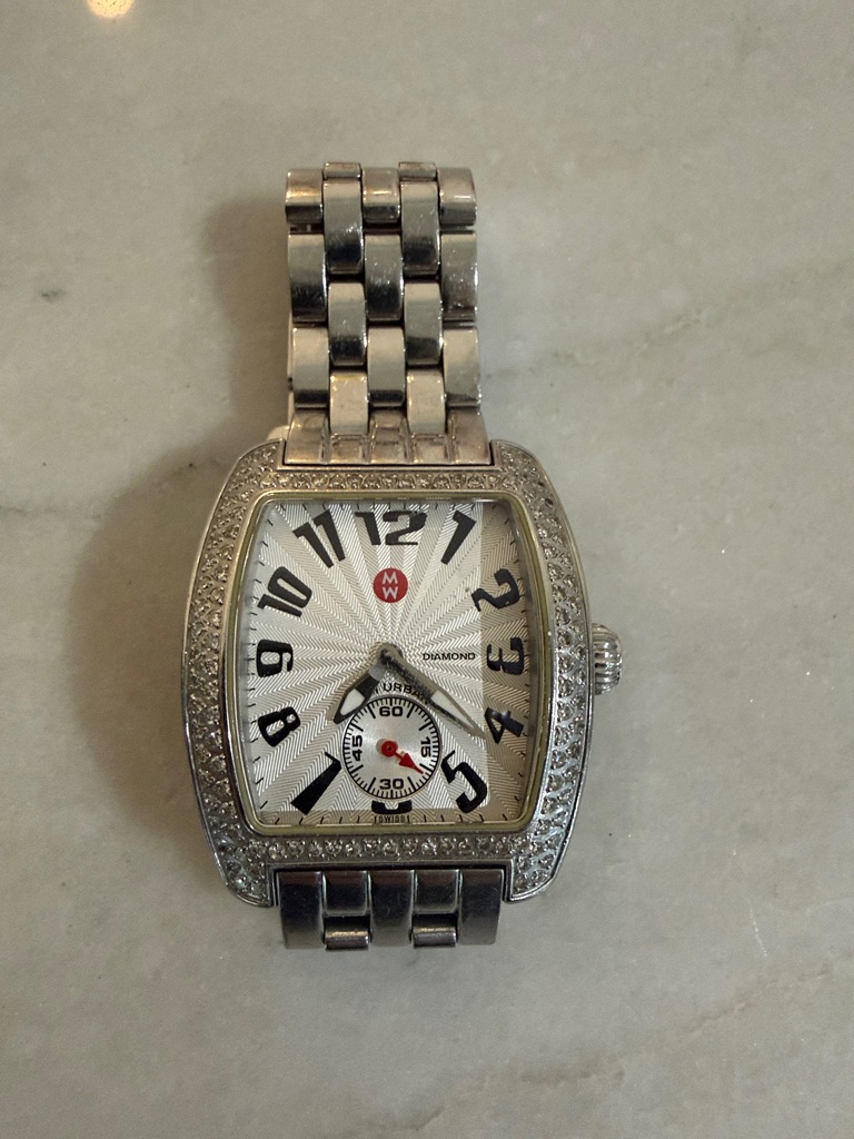 Michele Silver Tonneau Diamond Accent Watch With White Dial